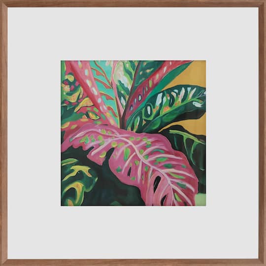 20" x 20" Pink & Green Tropical Leaf Burst Wall Décor in Woodgrain Frame by Ashland®